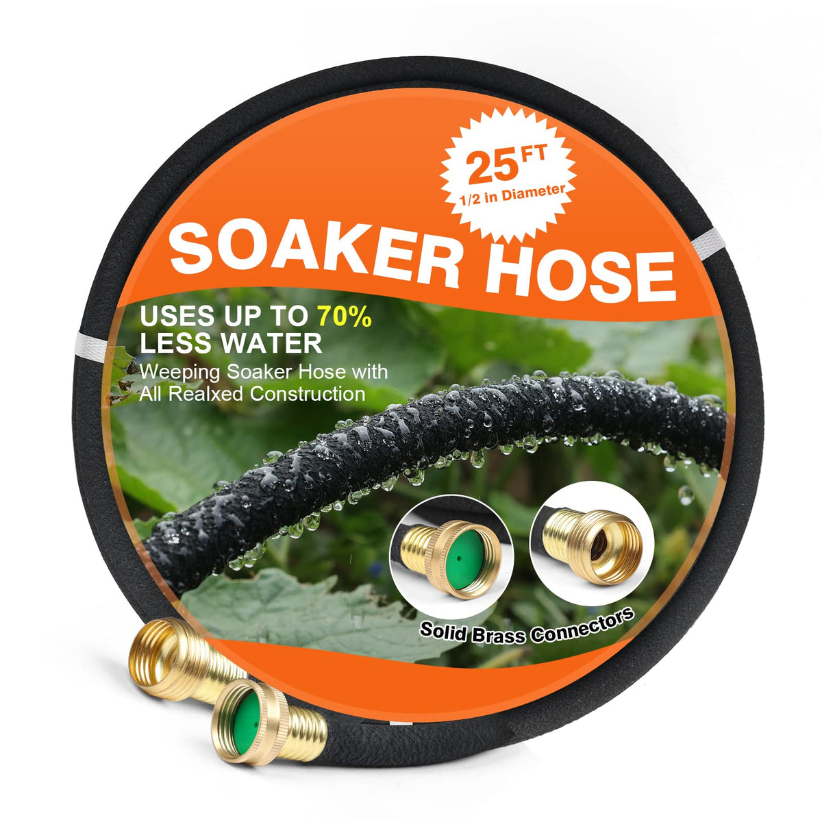 AIODE Soaker Hose 25ft with brass connectors for durable irrigation.