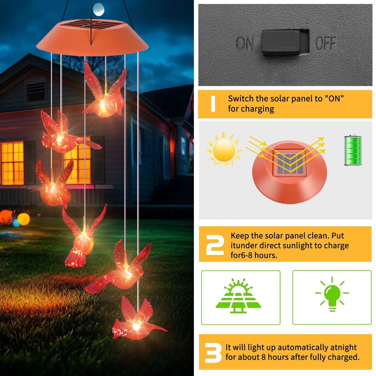 AIONASA Cardinal Solar Wind Chimes emit a warm red glow after sunset