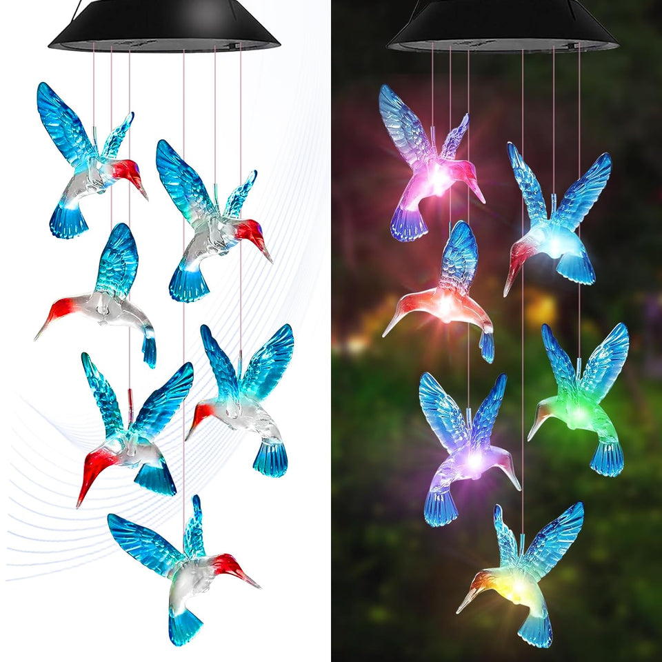 AIONASA Hummingbird wind chimes with blue color-changing LEDs for outdoor ambience