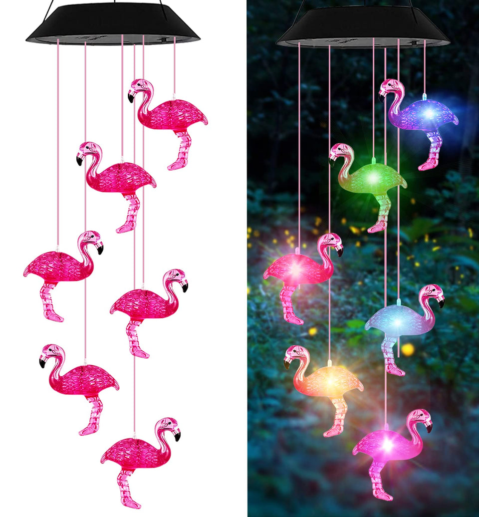 AIONASA Flamingo wind chimes LED in dark creates magical nighttime ambiance