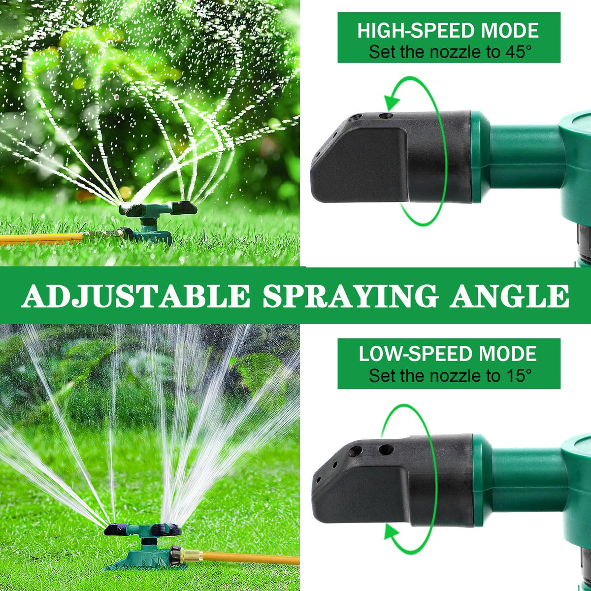 Airabc rotating-arms sprinkler highlights customizable spray patterns for efficient watering.