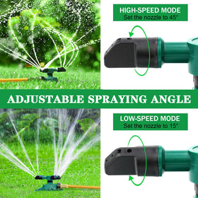 Airabc rotating-arms sprinkler highlights customizable spray patterns for efficient watering.
