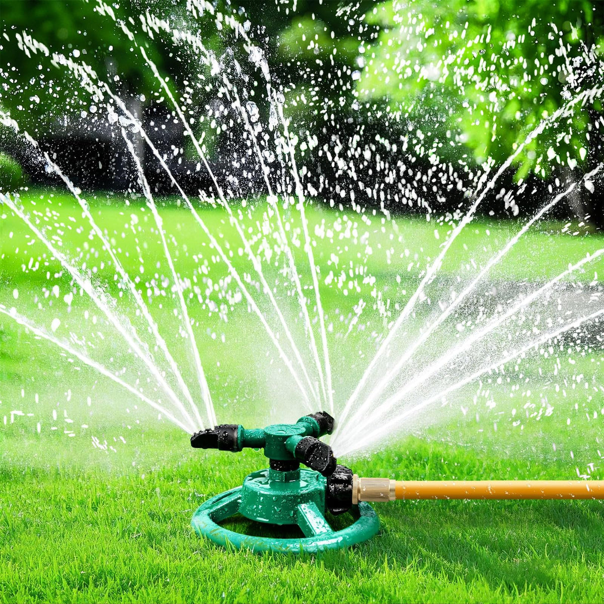 Airabc yard-coverage sprinkler demonstrates wide-area irrigation for lush lawns.