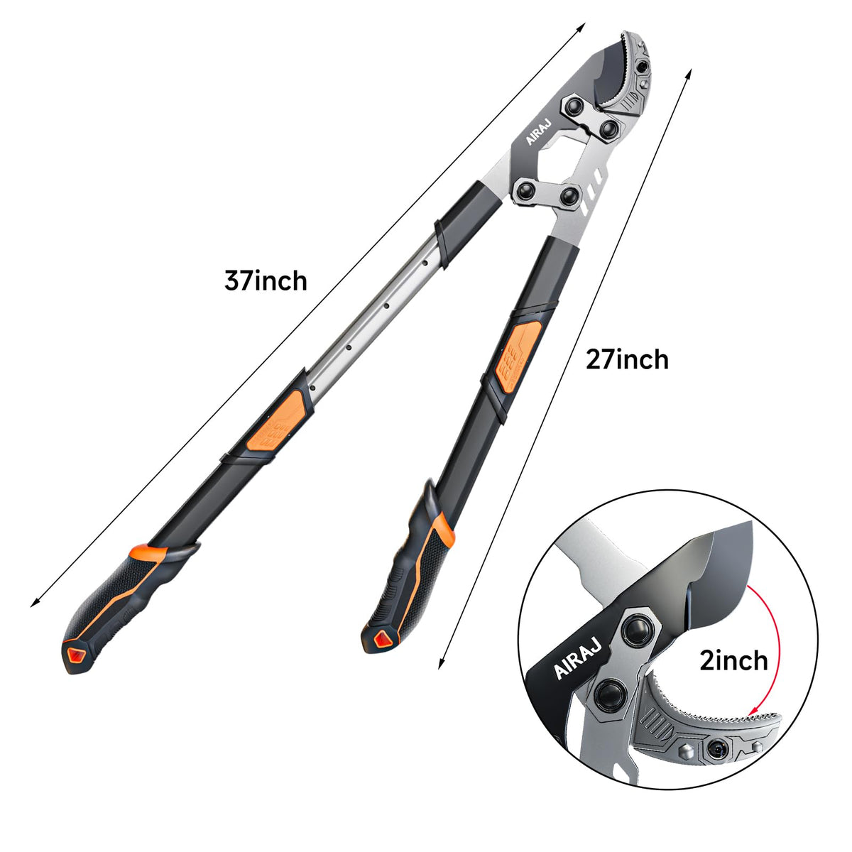 AIRAJ loppers cutting capacity 2 inches for thick branch pruning.
