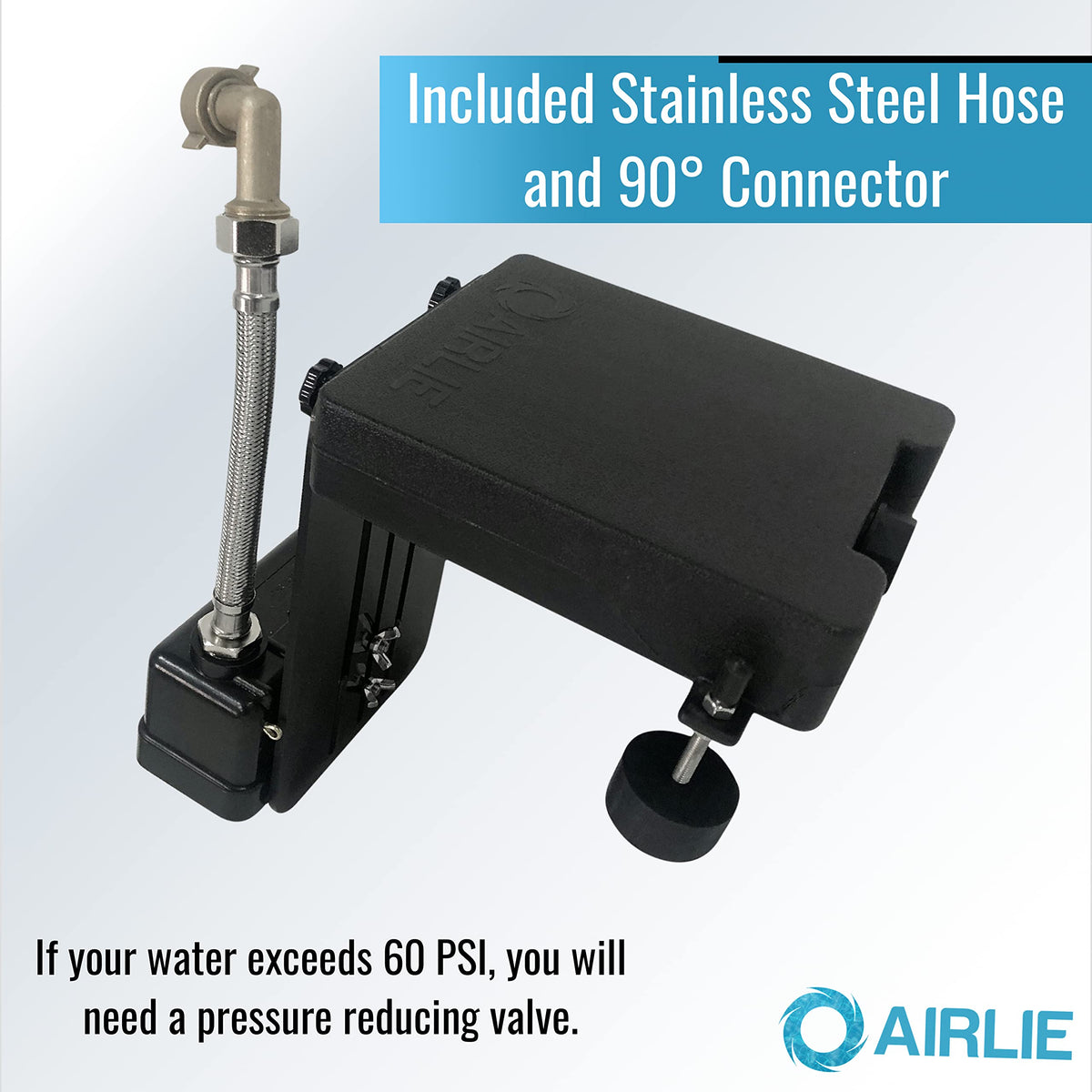 Airlie brass 90-degree connector facilitates tidy hose routing and steady water flow.