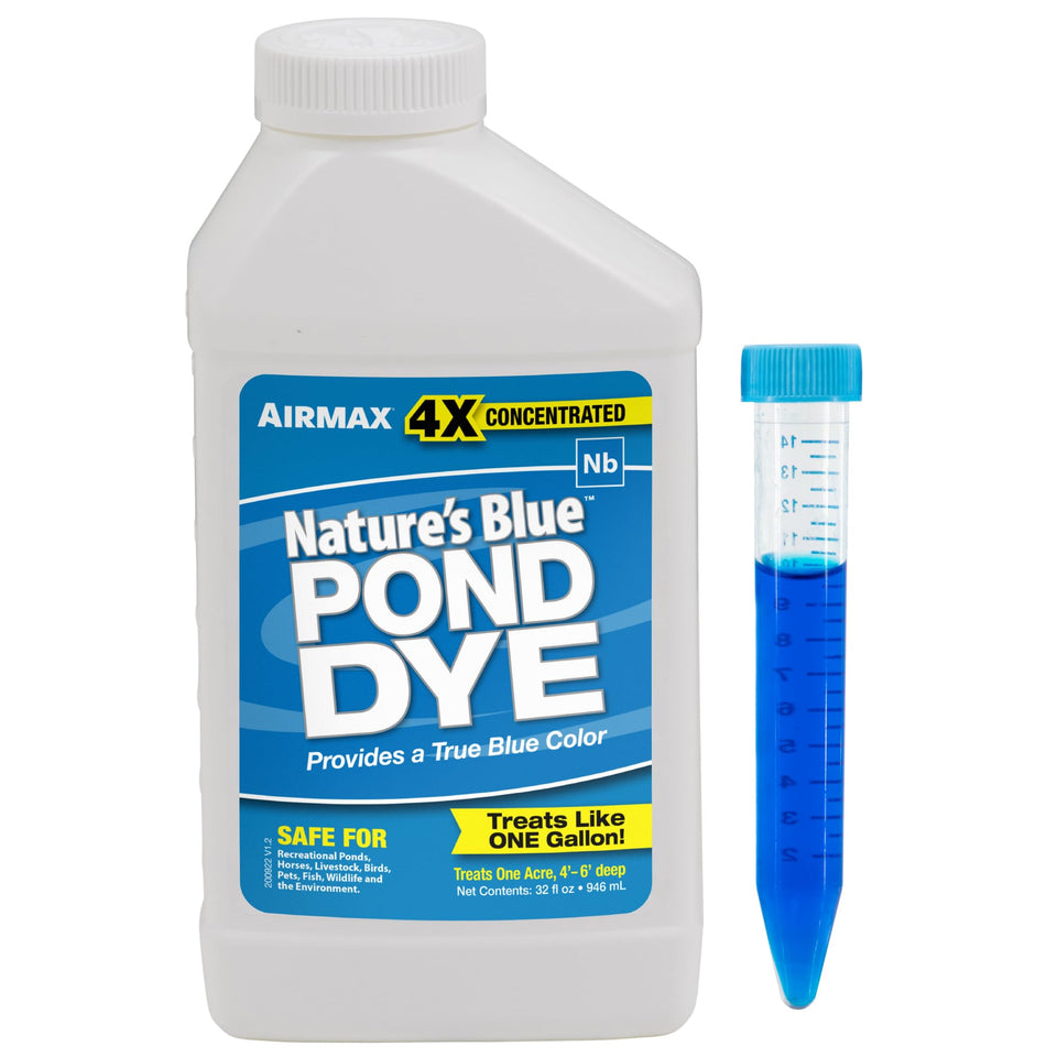 Airmax Nature's Blue Pond Dye pour colors pond water for a calmer pond.
