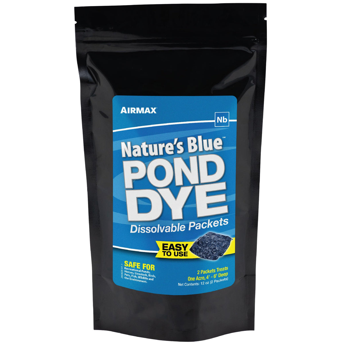 Airmax Pond Dye Nature's Blue packet close-up for vibrant pond color.