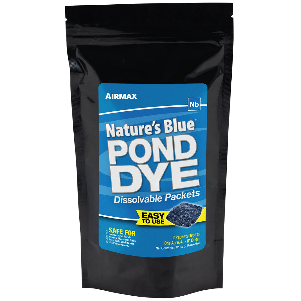 Airmax Pond Dye Nature's Blue packet close-up for vibrant pond color.