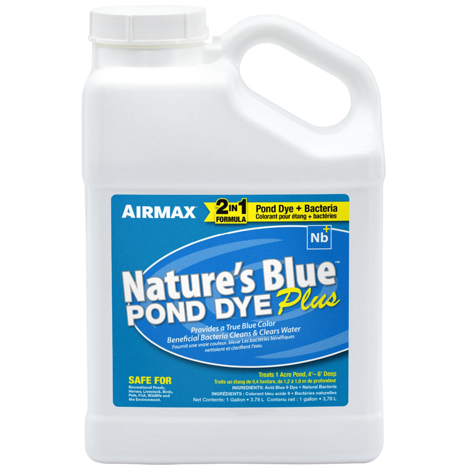 Airmax Pond Dye Plus blue-tinted water enhances depth and reflection in a large pond