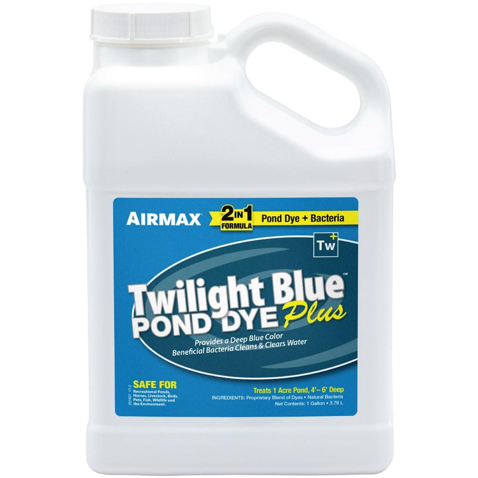 Airmax Pond Dye Plus Twilight Blue bottle showing color tint for large ponds