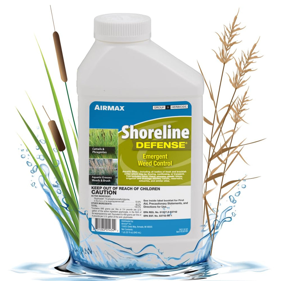 Airmax Shoreline Defense bottle used on shoreline to control emergent weeds.