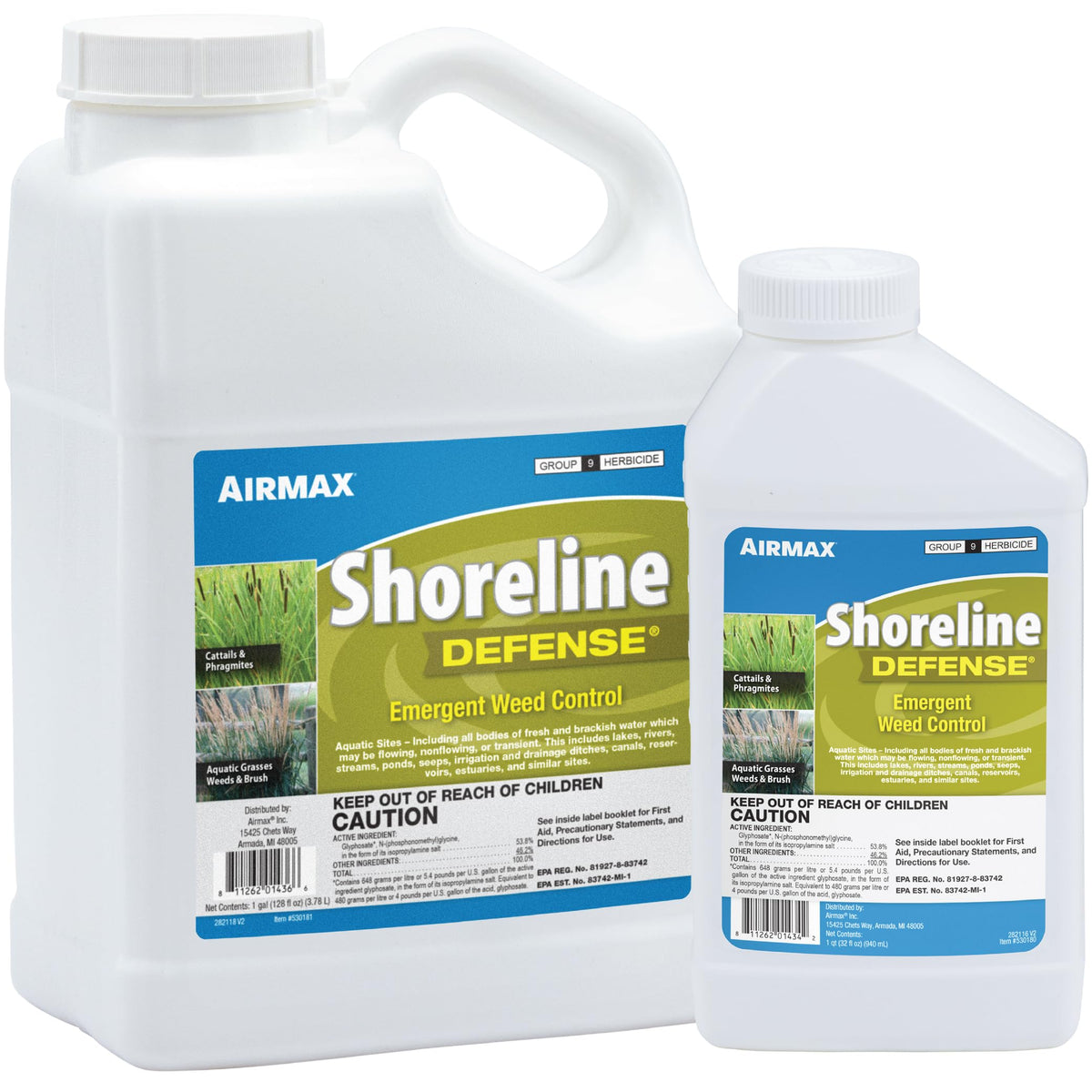 Airmax Shoreline Defense targets cattails and phragmites along pond edge.