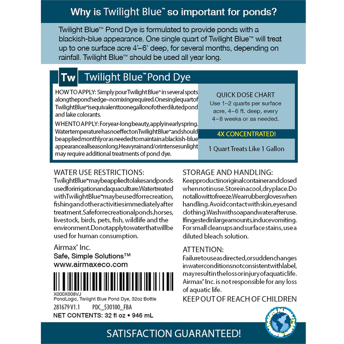 Airmax Twilight Blue dye 4X concentrate label highlights powerful color for larger ponds