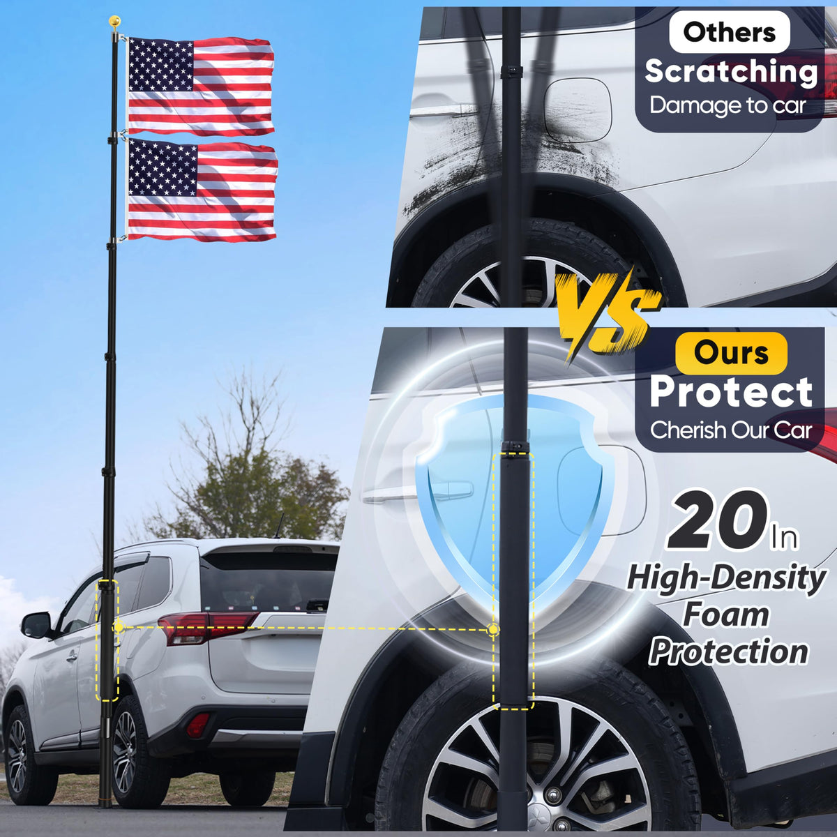AirVows foam protective sleeve guards vehicle paint during flag use.