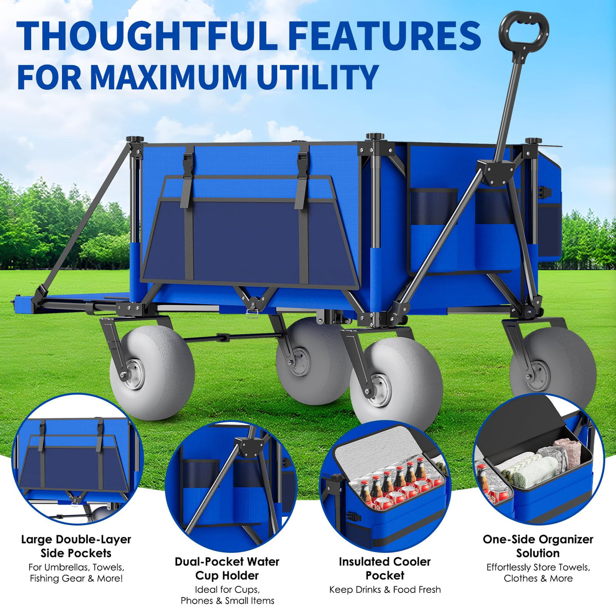 Aisdan Beach Wagon 9in all-terrain tires provide smooth rides on sand and grass.