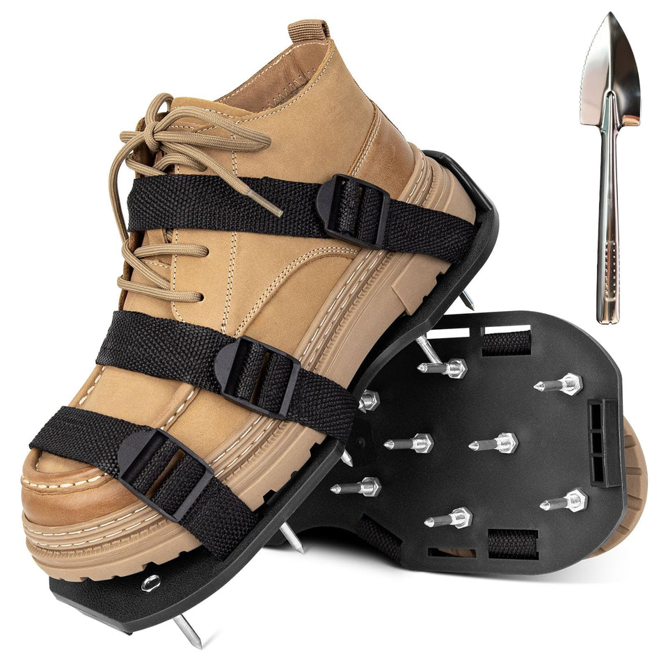 Aishkimo lawn aerator shoes with adjustable strap improve stability during use.