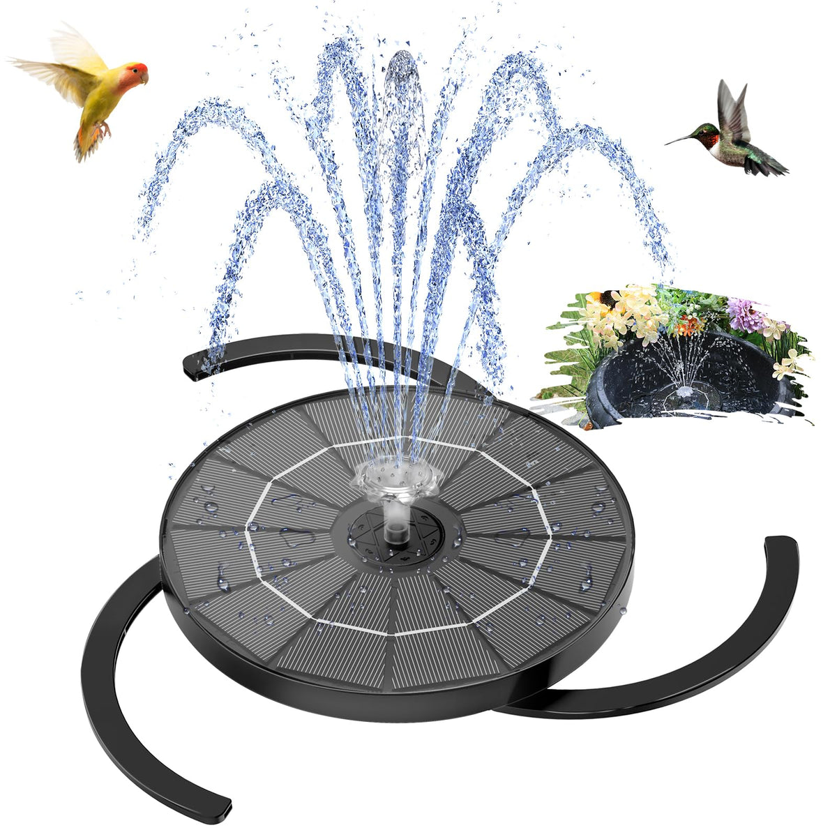 AISITIN 3.5W solar panel powering a bird fountain in direct sunlight