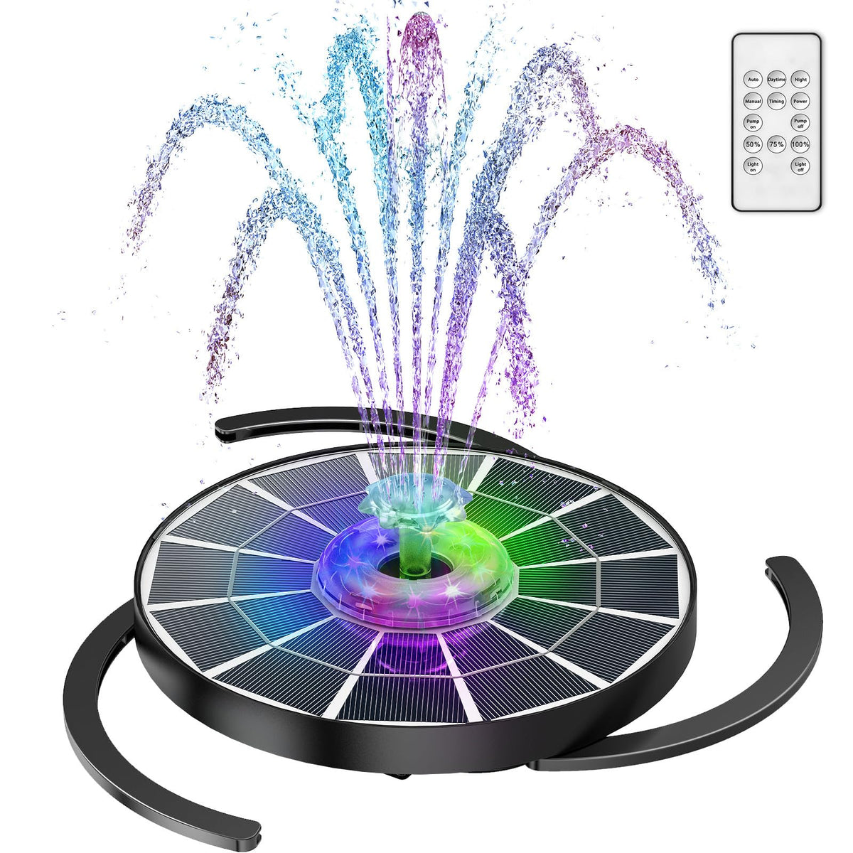 AISITIN 4W solar fountain lights illuminate a bird bath with vibrant colors.