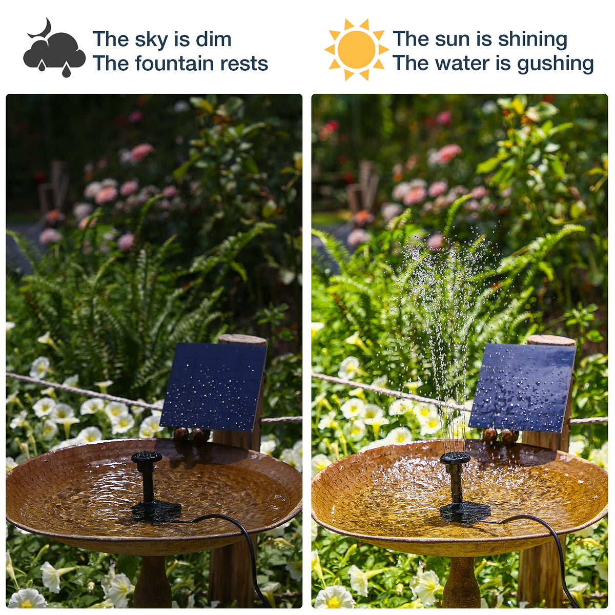 AISITIN bird bath fountain with six nozzles creates dynamic spray in sunshine