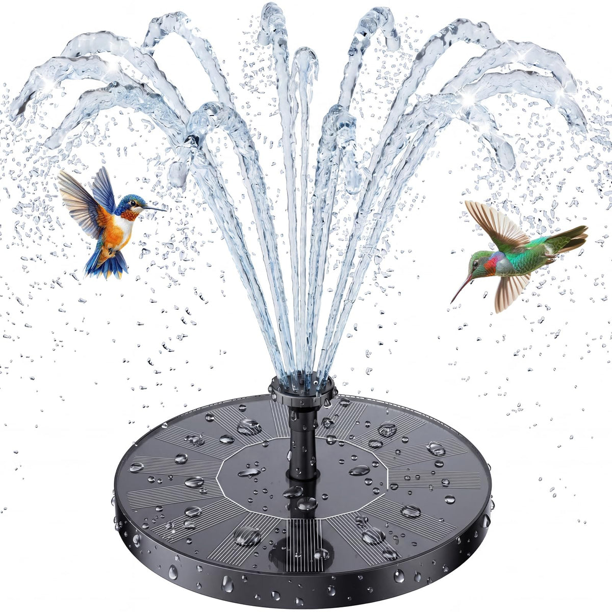 AISITIN solar bird bath fountain with six nozzles for dynamic water patterns.