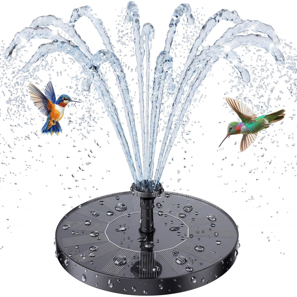 AISITIN solar bird bath fountain with six nozzles for dynamic water patterns.