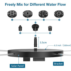 AISITIN solar fountain demonstrates height-adjustable spray via nozzle swaps.