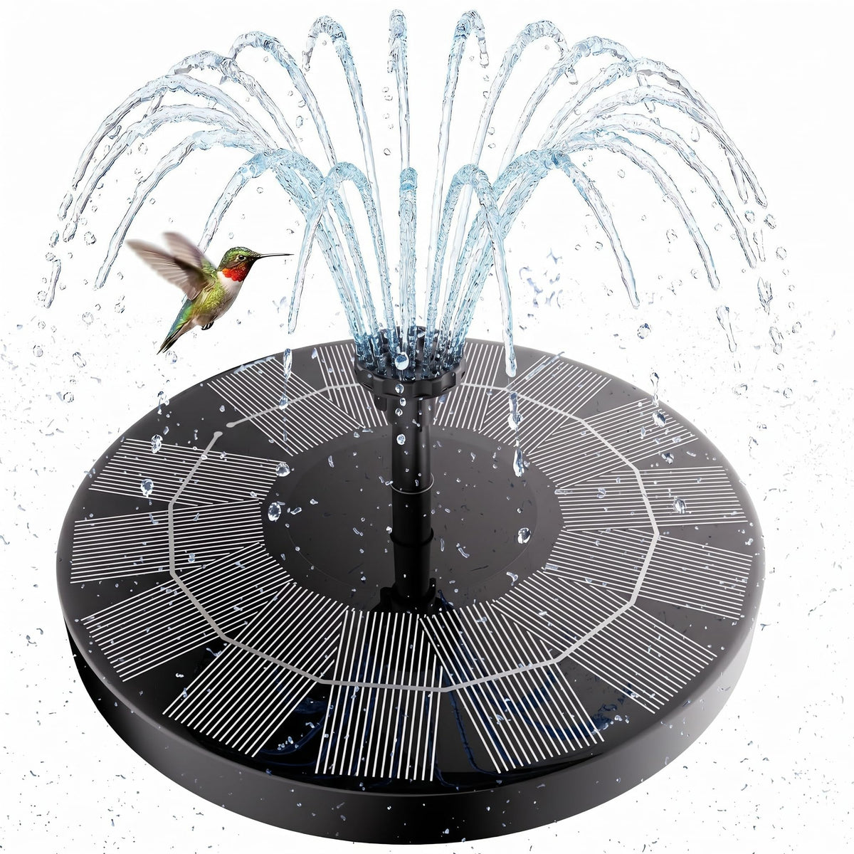 AISITIN solar bird bath fountain pump with six nozzles in a sunny garden boosts water movement.