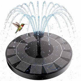 AISITIN solar bird bath fountain pump with six nozzles in a sunny garden boosts water movement.