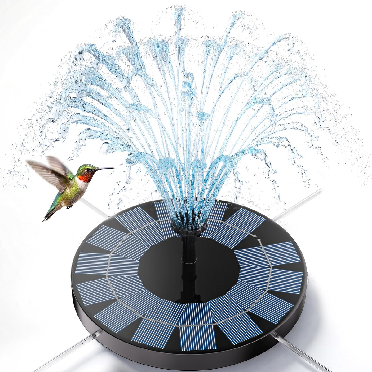 AISITIN solar fountain pump panel in bright sun powering a lively water jet