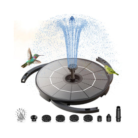 AISITIN solar fountain pump with windmill nozzle spraying water, attracting birds.