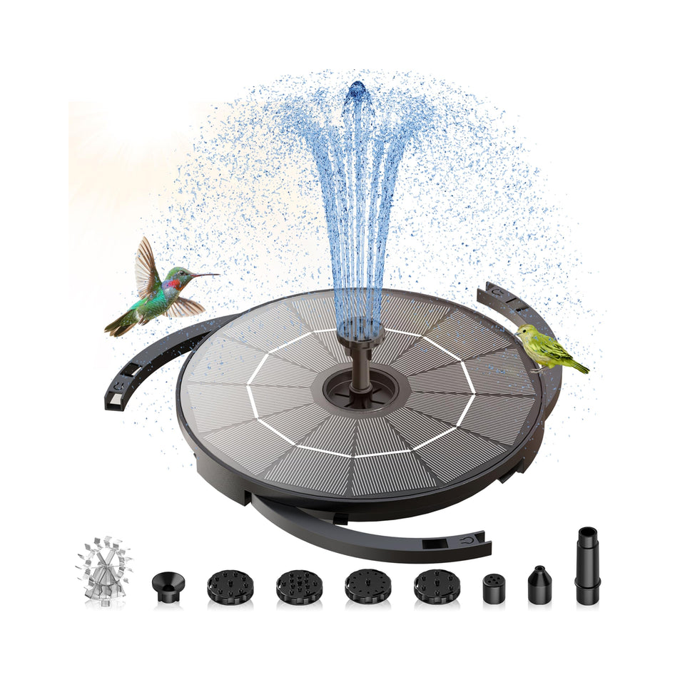 AISITIN solar fountain pump with windmill nozzle spraying water, attracting birds.
