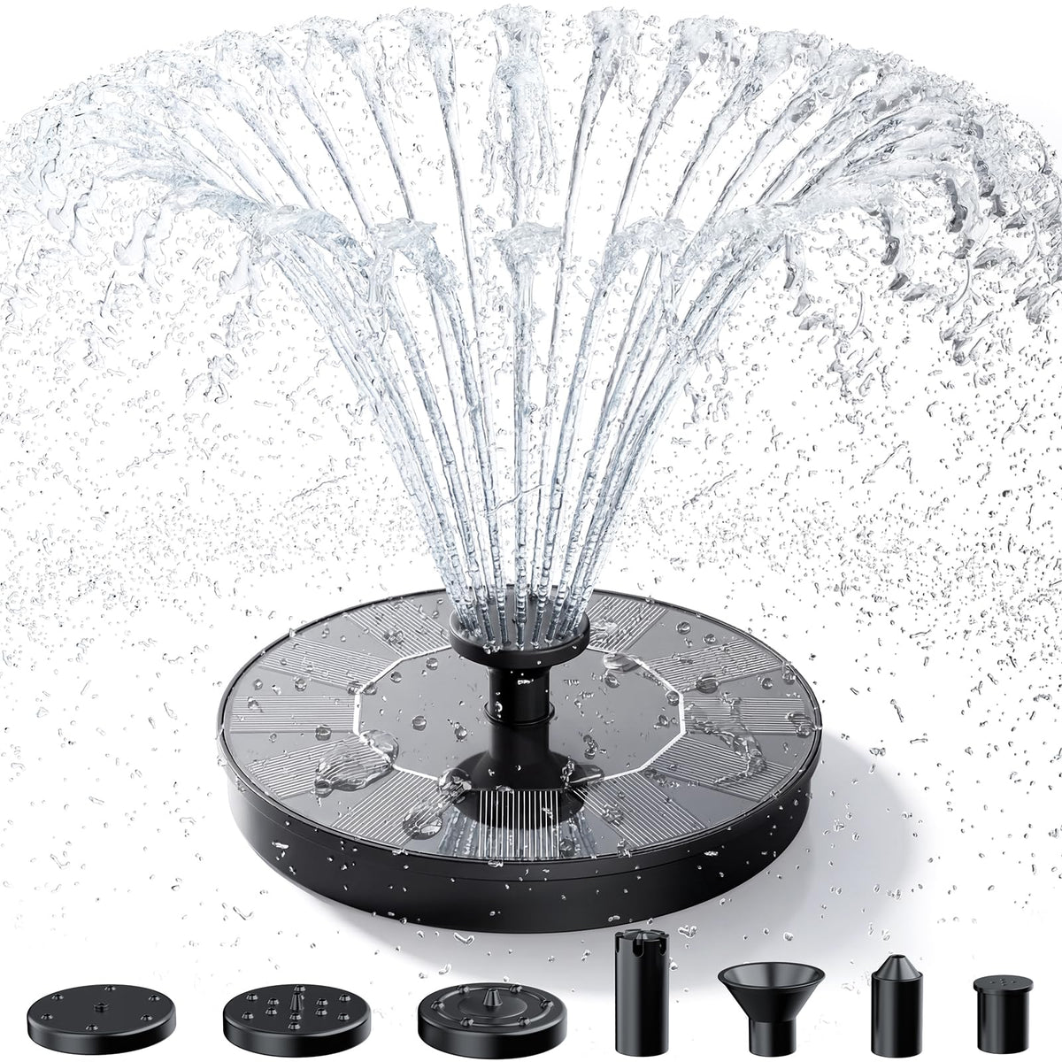 AISITIN solar fountain with six nozzles providing varied sprays for a lively bird bath