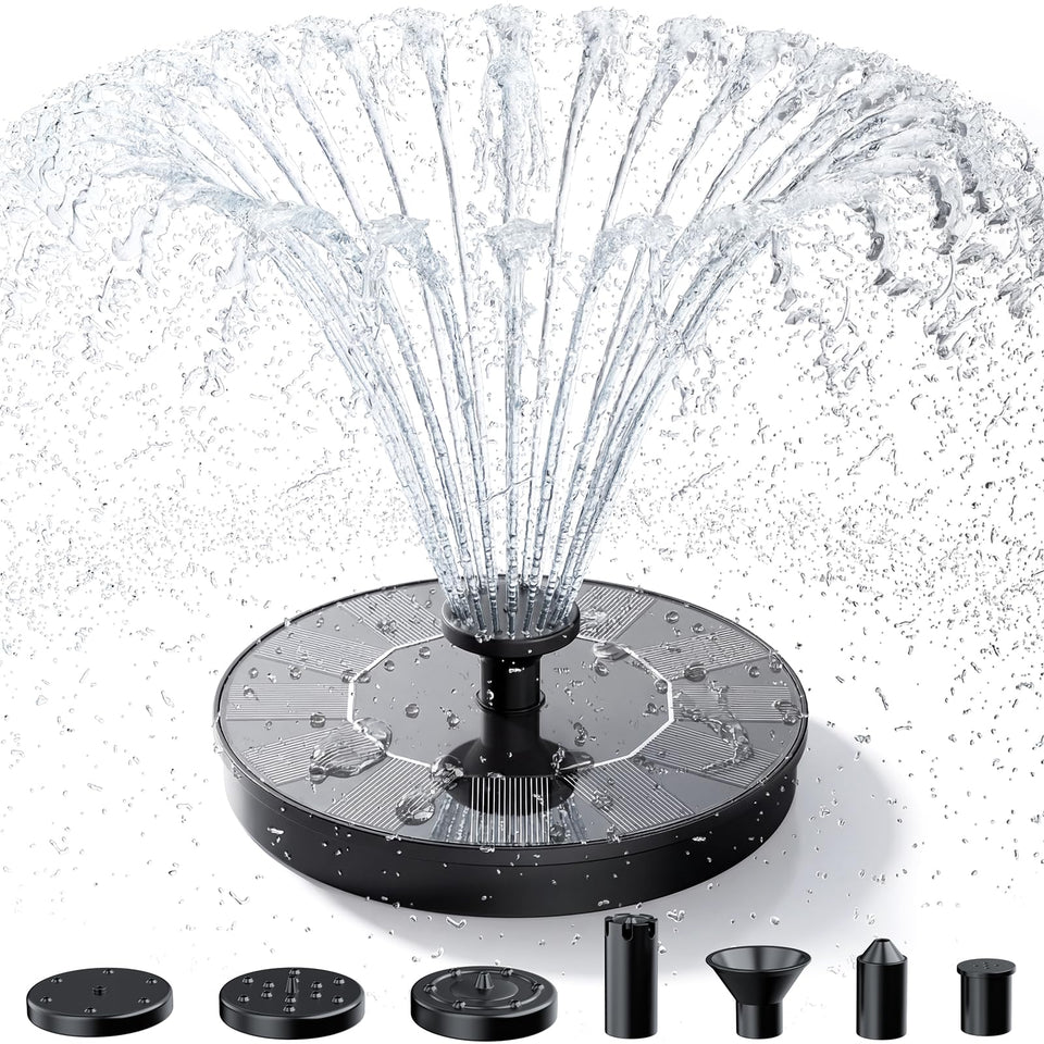 AISITIN solar fountain with six nozzles providing varied sprays for a lively bird bath