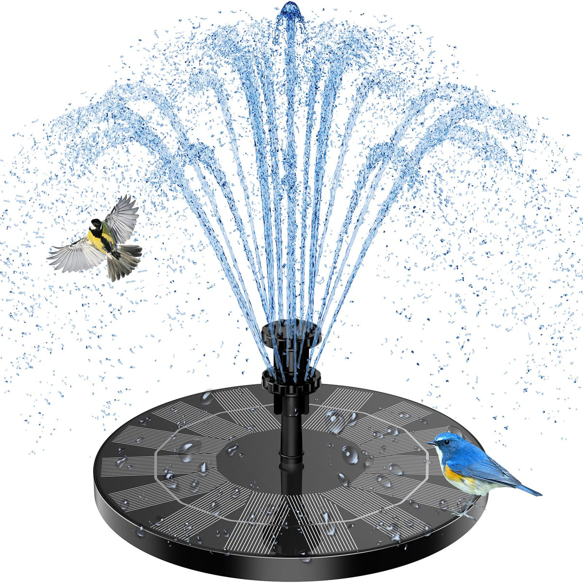 AISITIN solar pump with six nozzles creating lively fountain jets for ponds.