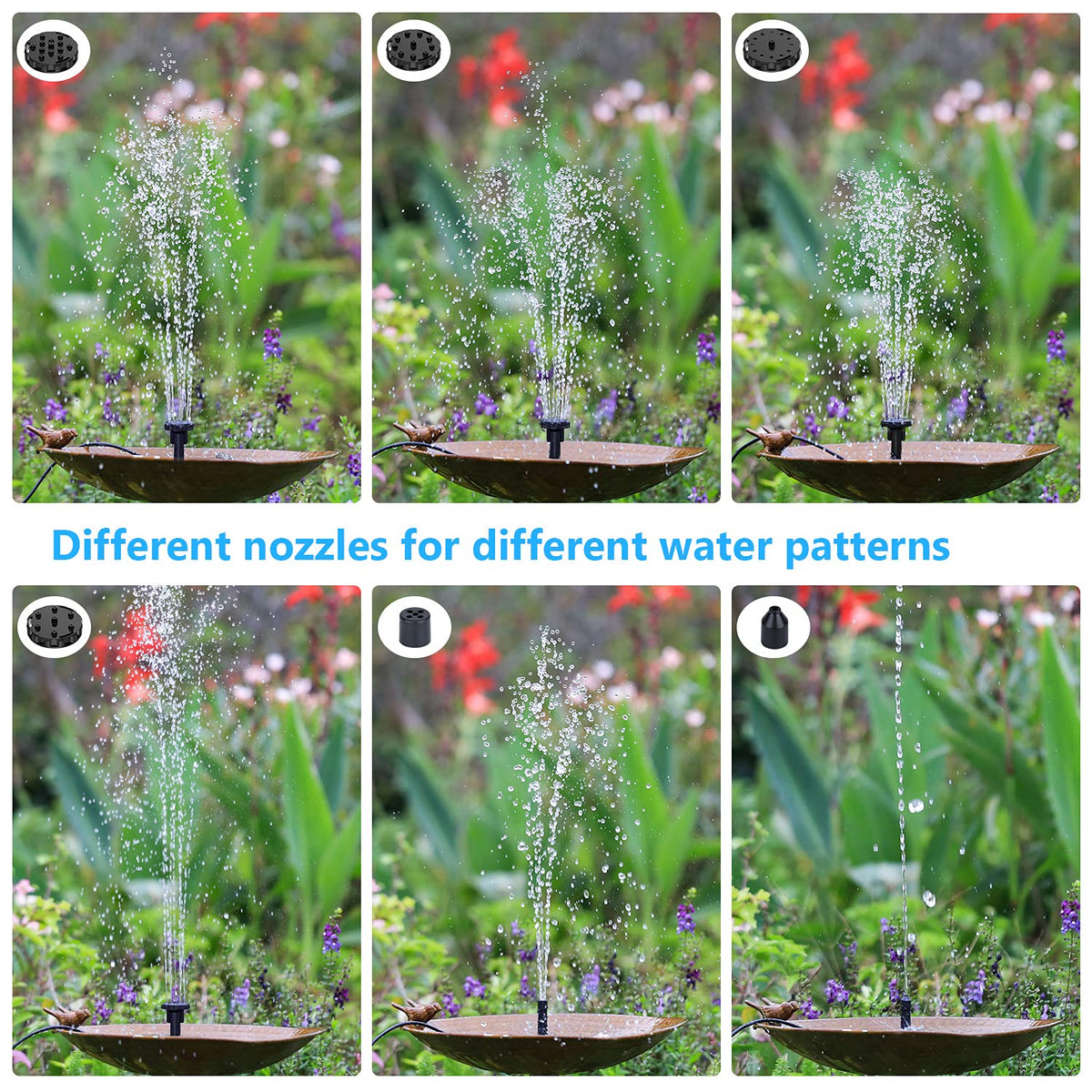 AISITIN solar pump powering water features in bird baths, ponds, and small gardens.