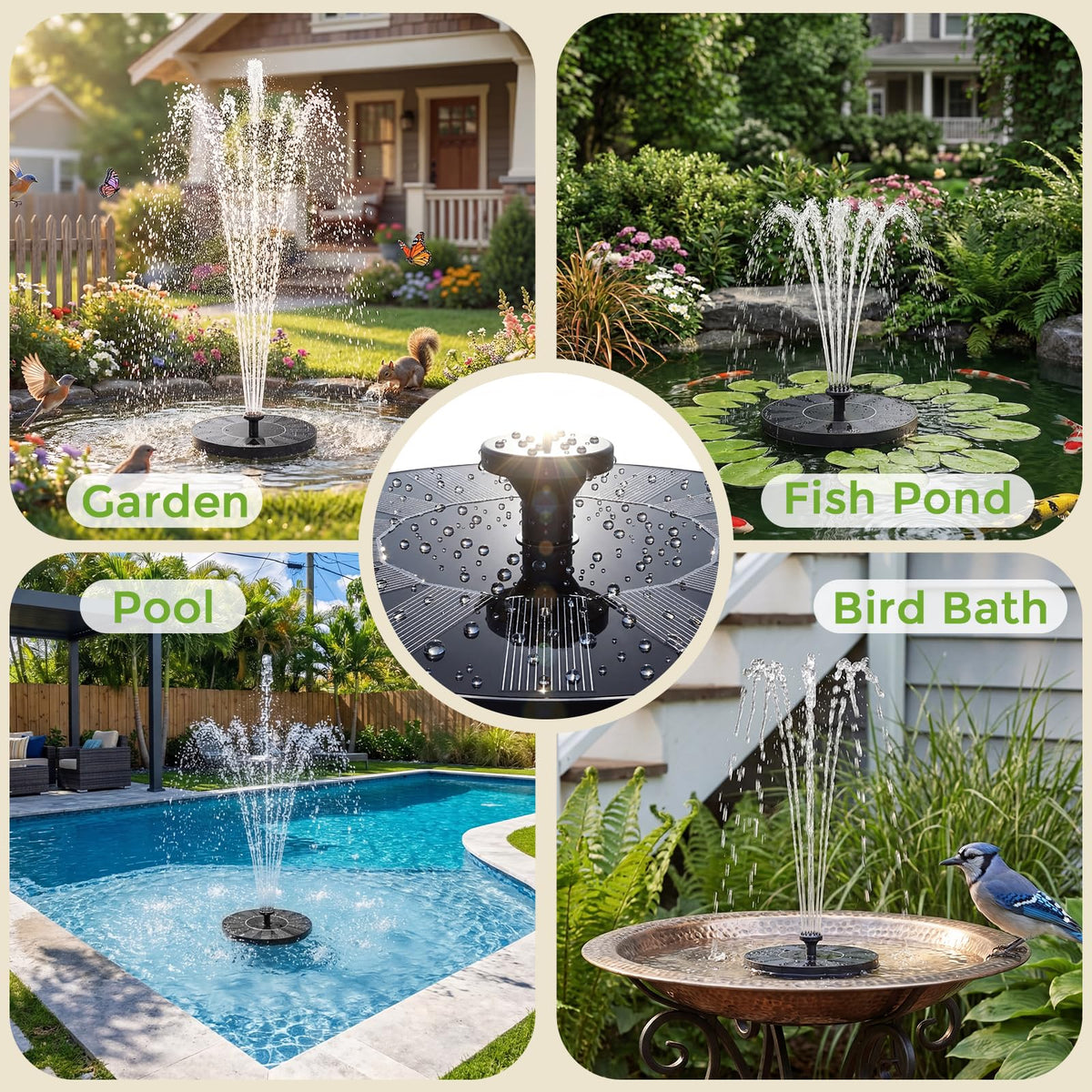 AISITIN solar water fountain anti-splash rods keep water contained for steady baths.