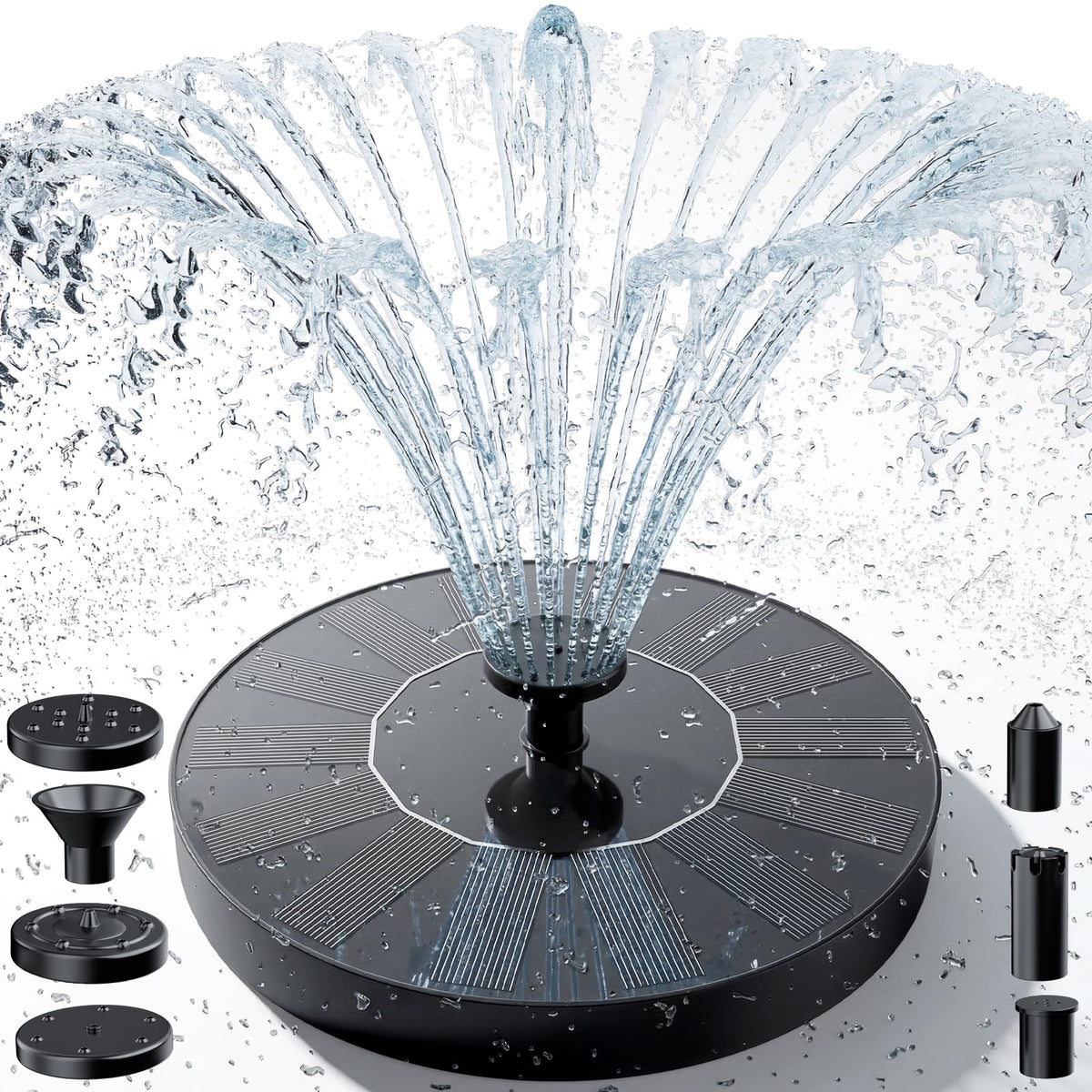 AISITIN solar water fountain front view with six-nozzle versatility for dynamic water scenes.