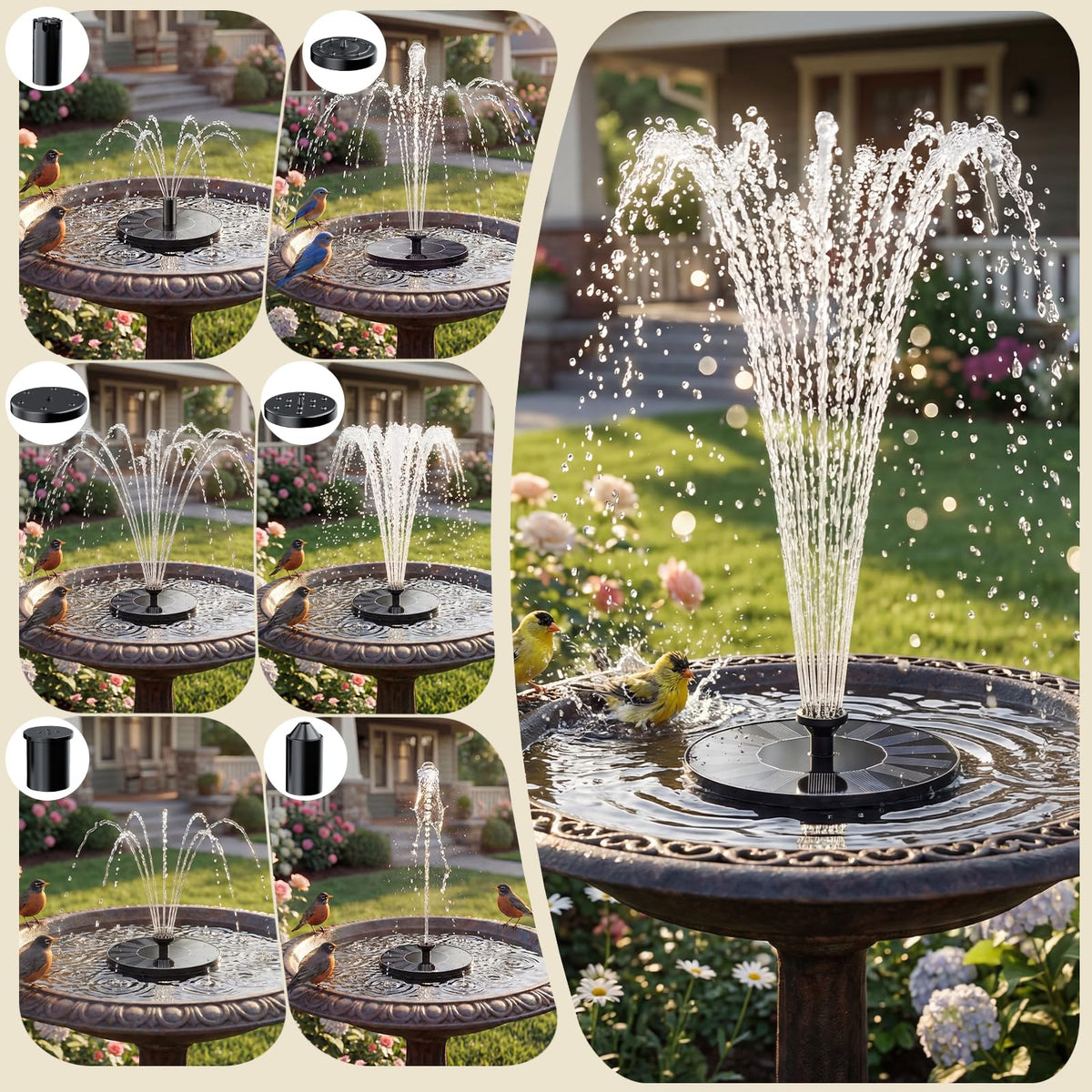 AISITIN solar water fountain garden setup showing easy outdoor decoration and bird attraction.