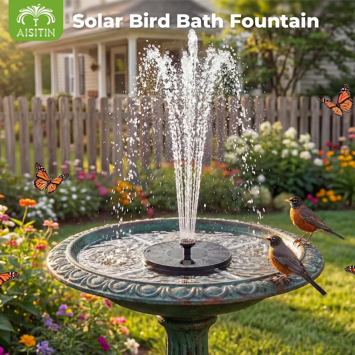 AISITIN solar water fountain six-nozzles offering diverse spray patterns for creative landscapes.