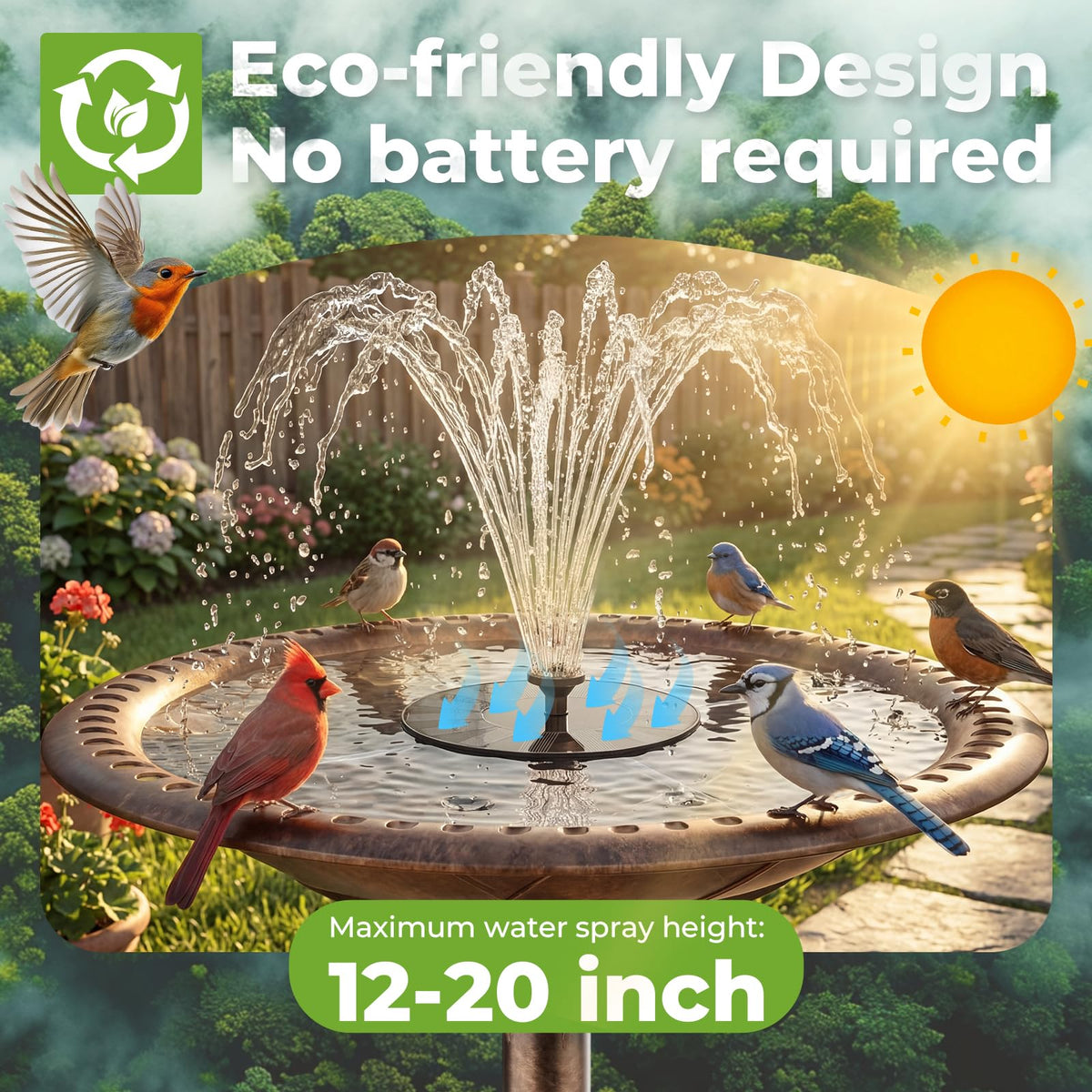 AISITIN solar water fountain sunlit operation demonstrates quick start and eco-friendly power.