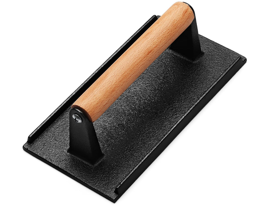 AIVIKI rectangle cast-iron burger press for even smash grilling on the griddle.
