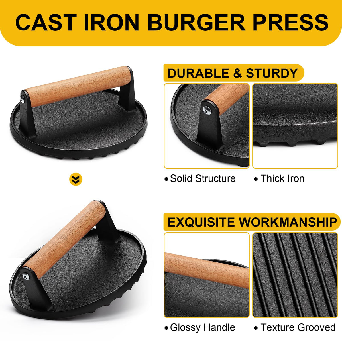 AIVIKI burger press with wood handle for secure grip and control