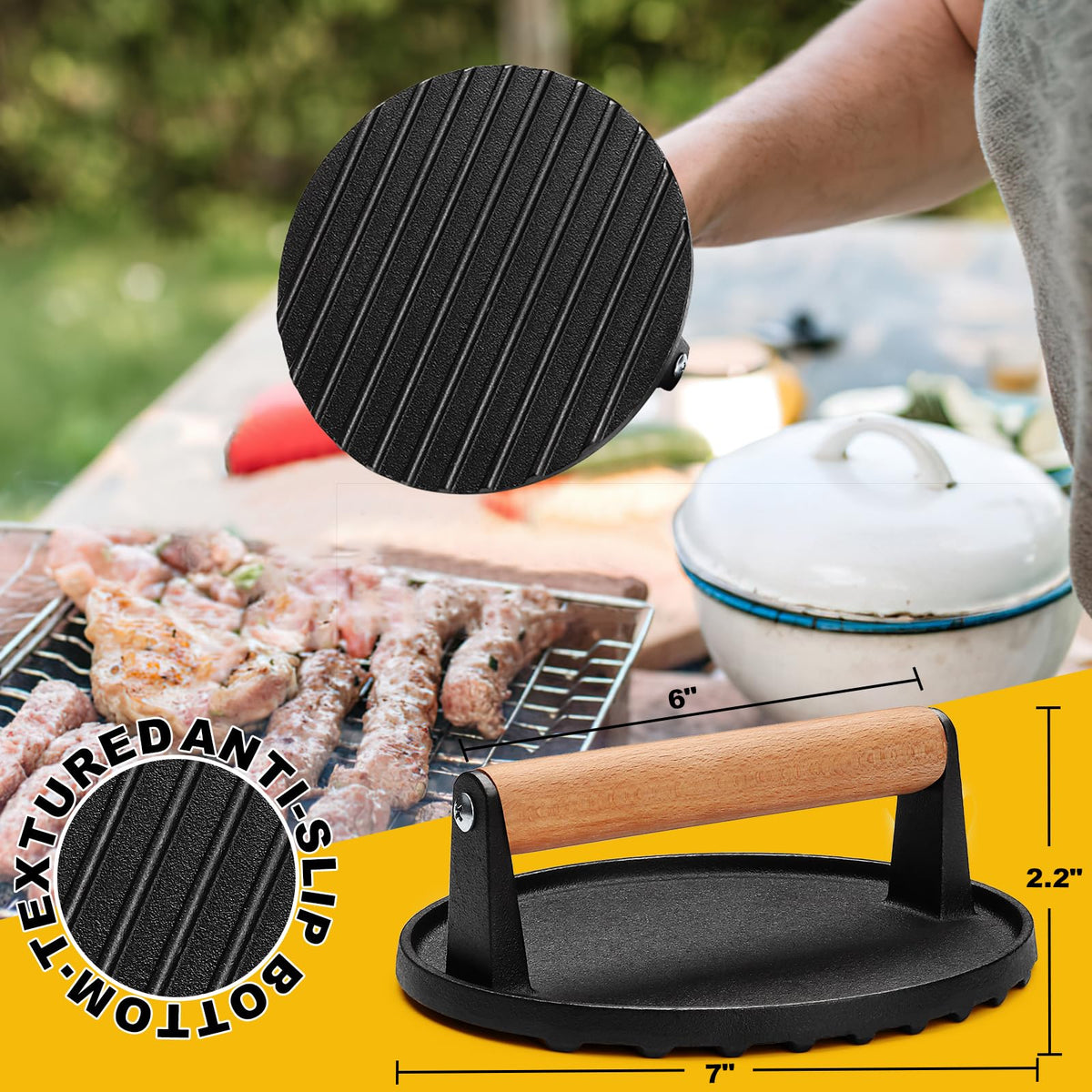 AIVIKI smash burger press grooved bottom prevents curling and promotes grill marks