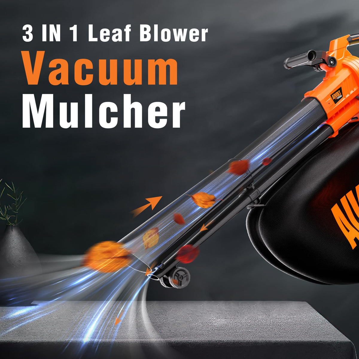 AIVOLT 40V cordless leaf vacuum collecting leaves into the bag.