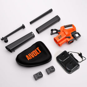 AIVOLT complete yard vacuum kit with bag and attachments.