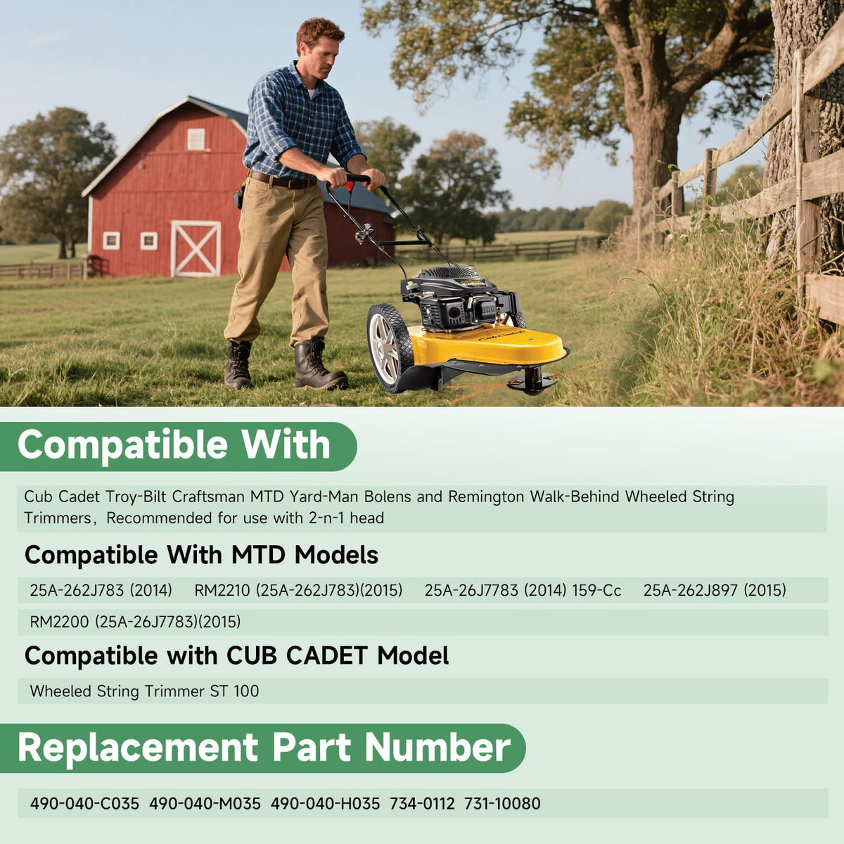 AIYOYOLIFE compatibility with Cub Cadet, Troy-Bilt, and Craftsman walk-behind trimmers.