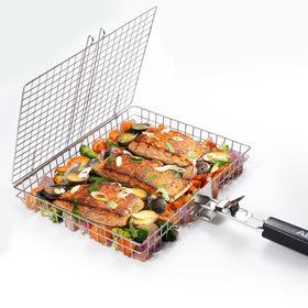 Lightweight, portable AIZOAM grill basket with storage bag for trips.