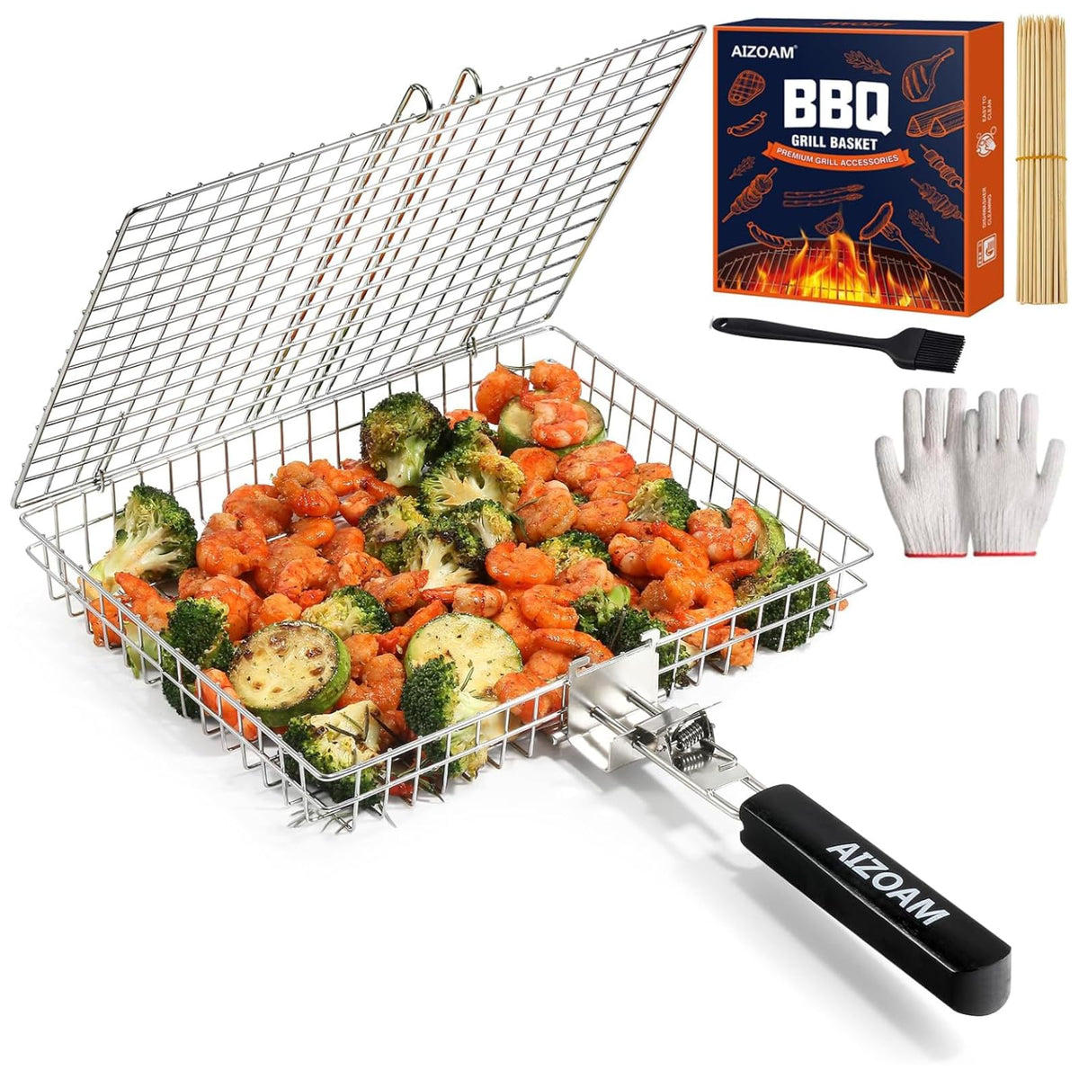 AIZOAM grill basket with removable handle for safe, high-heat grilling.