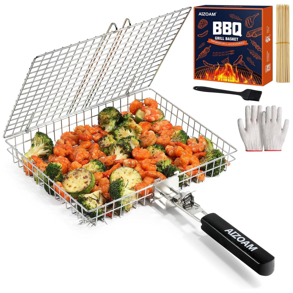 AIZOAM grill basket with removable handle for safe, high-heat grilling.