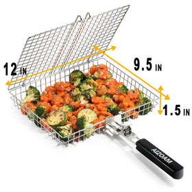 Secure latch on AIZOAM grill basket keeps food in place during flipping.